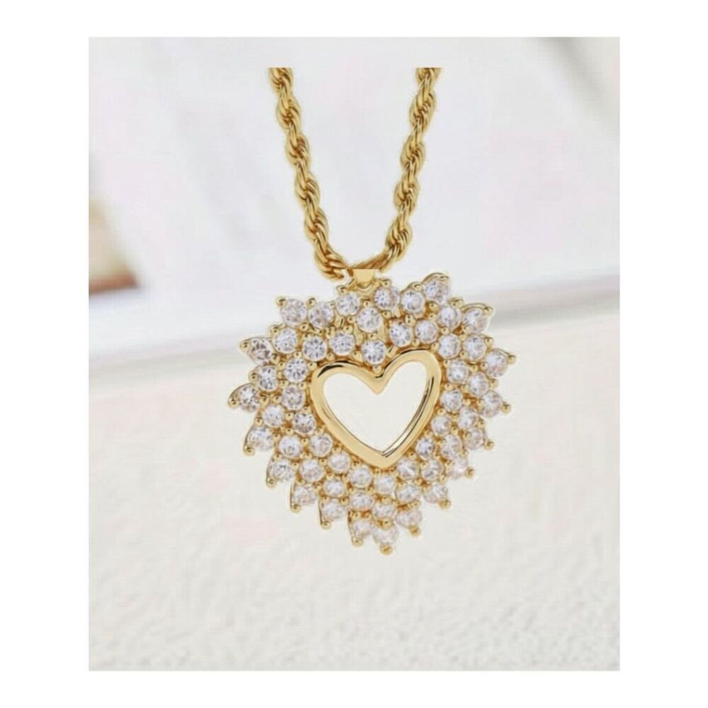 Hollowed-Out Heart Pendant Necklace 14K Gold Plate Simulated Diamonds Rope Chain